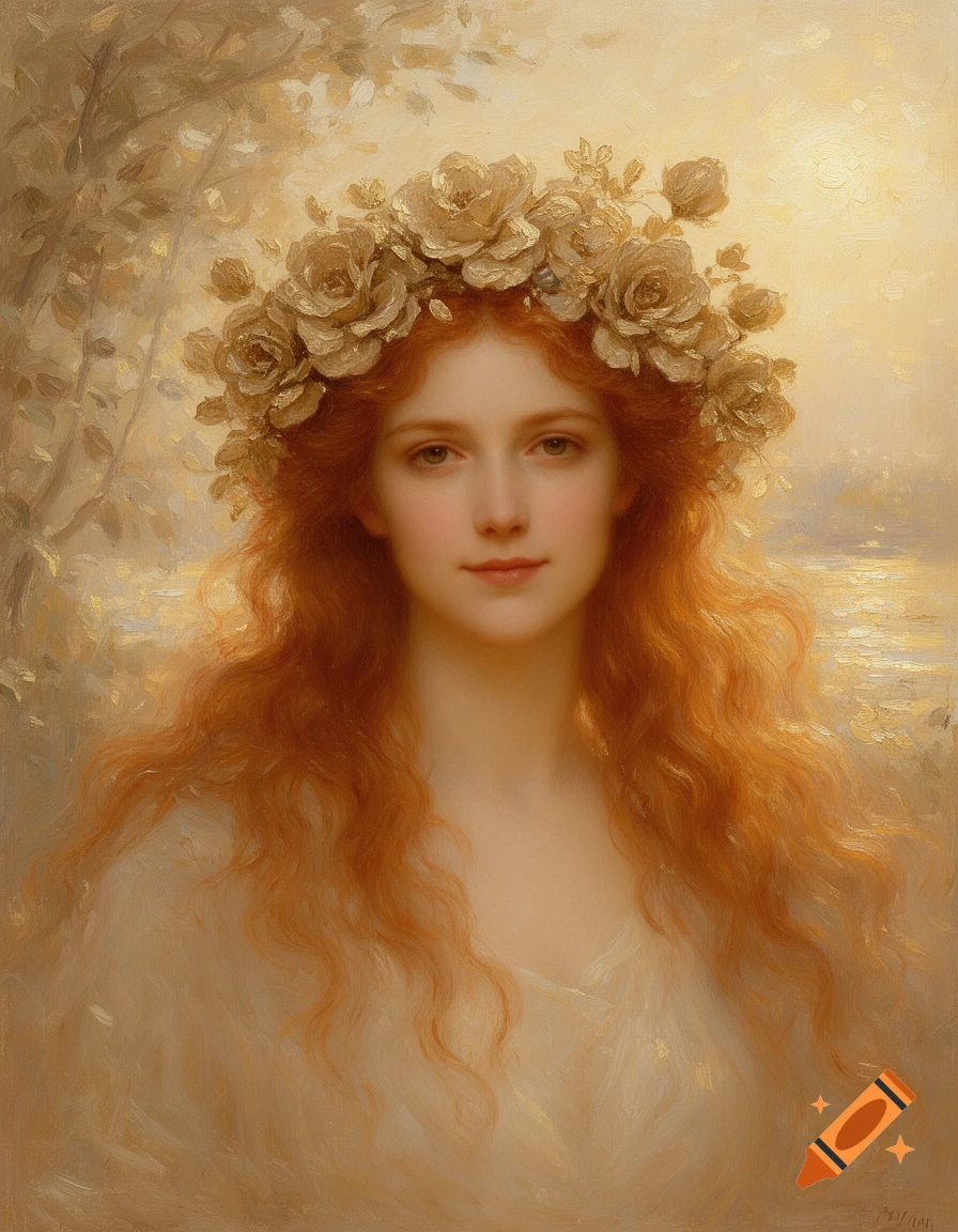 Impressionistic painting of a red-haired woman wearing a crown of golden flowers, with a soft expression and a warm, golden background.