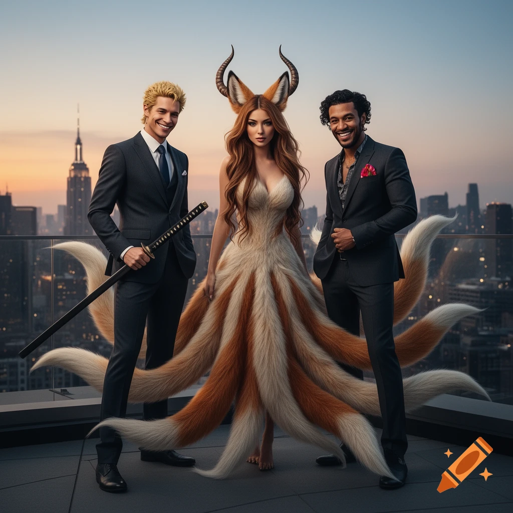 A horned, fox-eared woman with multiple tails forming a dress stands between two men in suits on a city rooftop at sunset.