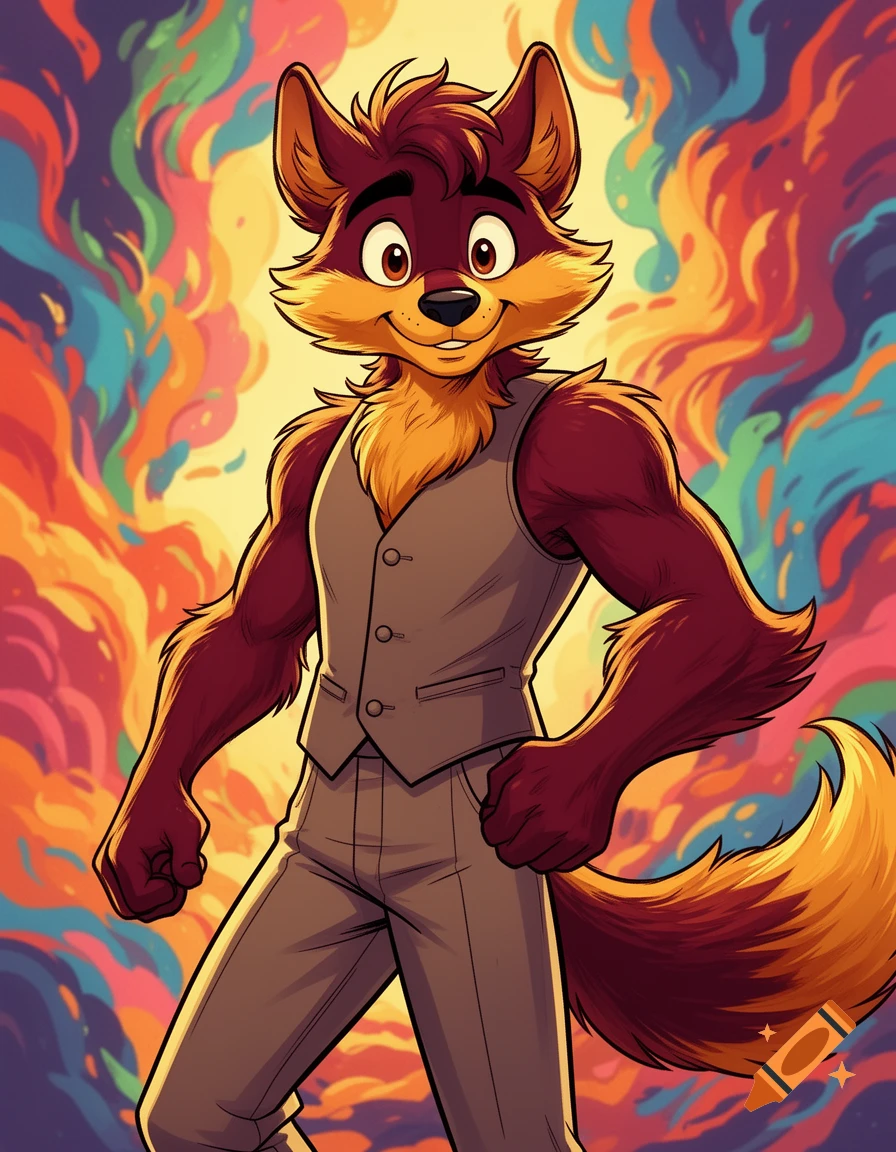 A smiling cartoon anthropomorphic fox in a vest and pants stands against a vibrant, colorful abstract background.