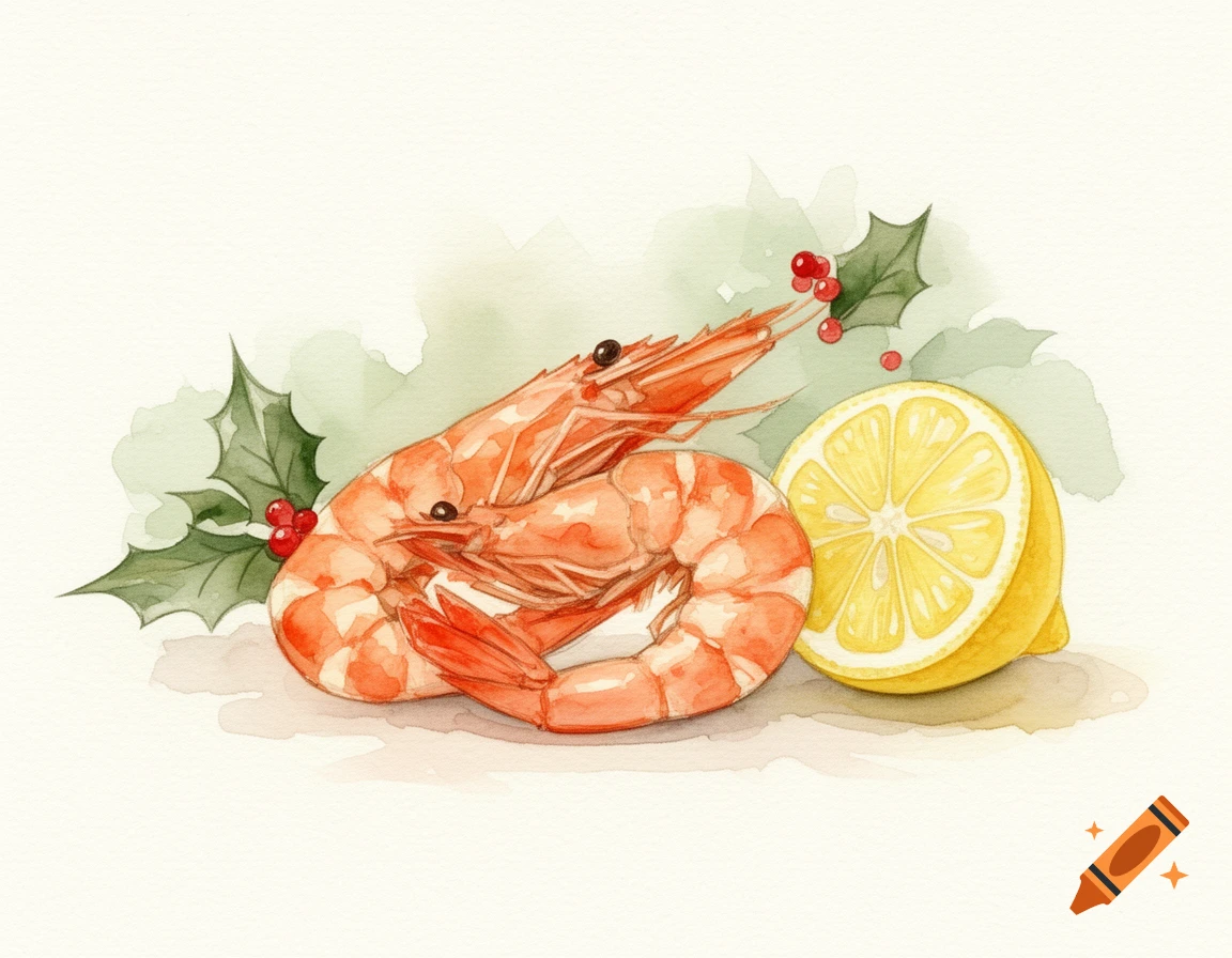 Watercolor illustration of two cooked shrimp, a sliced lemon, and festive holly leaves with red berries.