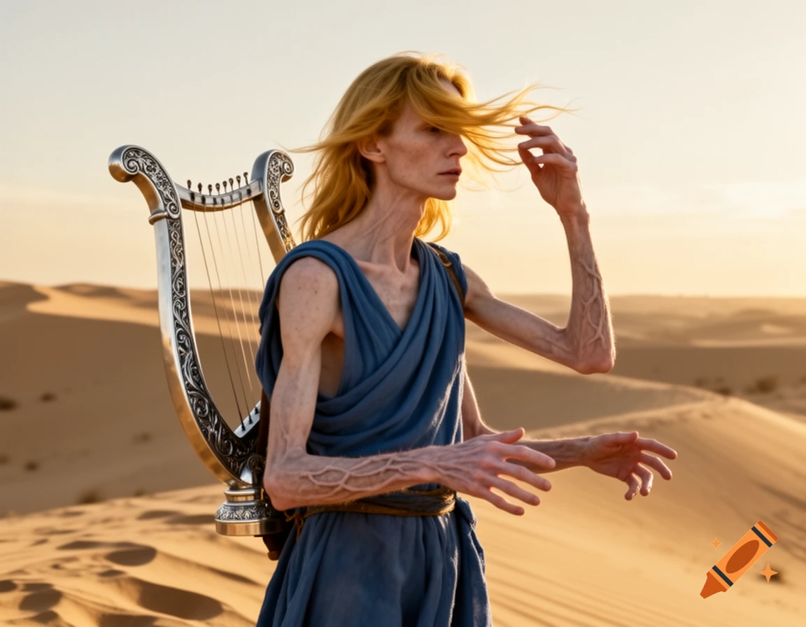 A very thin, anxious person with long blonde hair, wearing a blue robe, stands in a desert with a silver harp strapped to their back, under a golden sky.