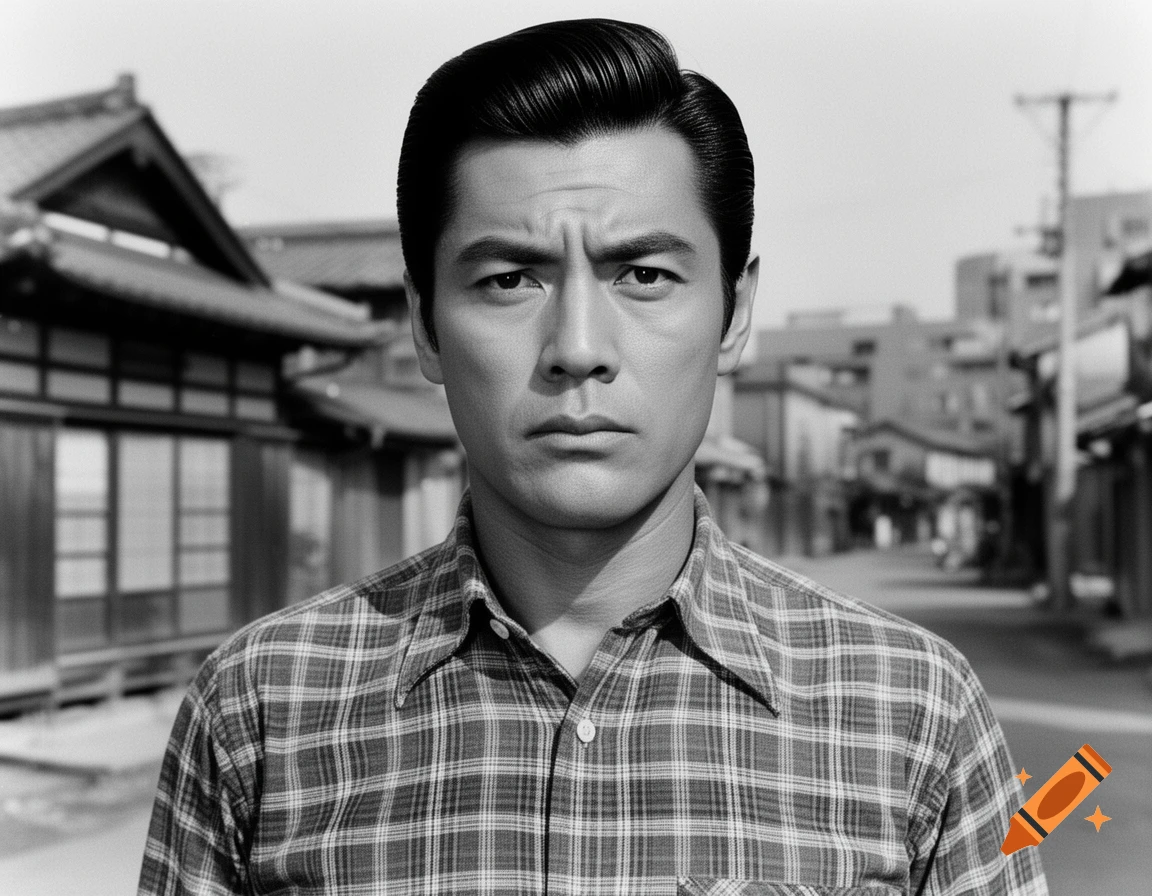 Black and white portrait of a serious man in a plaid shirt on a street with traditional Japanese buildings.