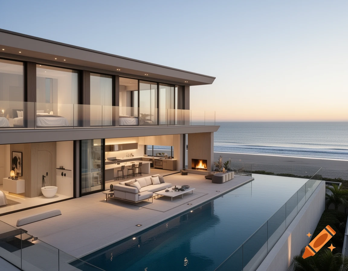 A modern two-story luxury house with an infinity pool overlooking a sandy beach and ocean at sunset.