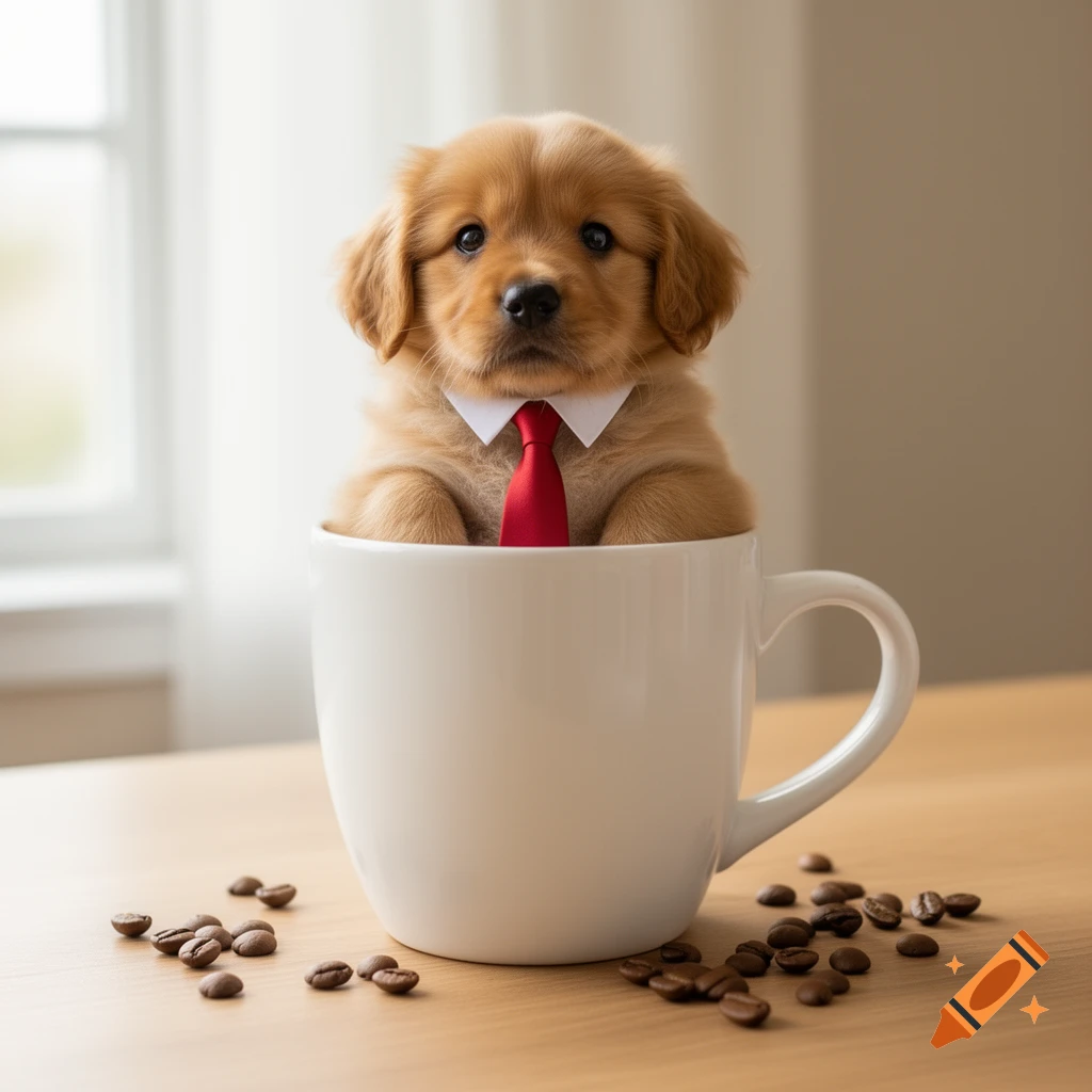 A cute golden retriever puppy wearing a white collar and red tie sits in a white coffee mug surrounded by coffee beans on a wooden table.