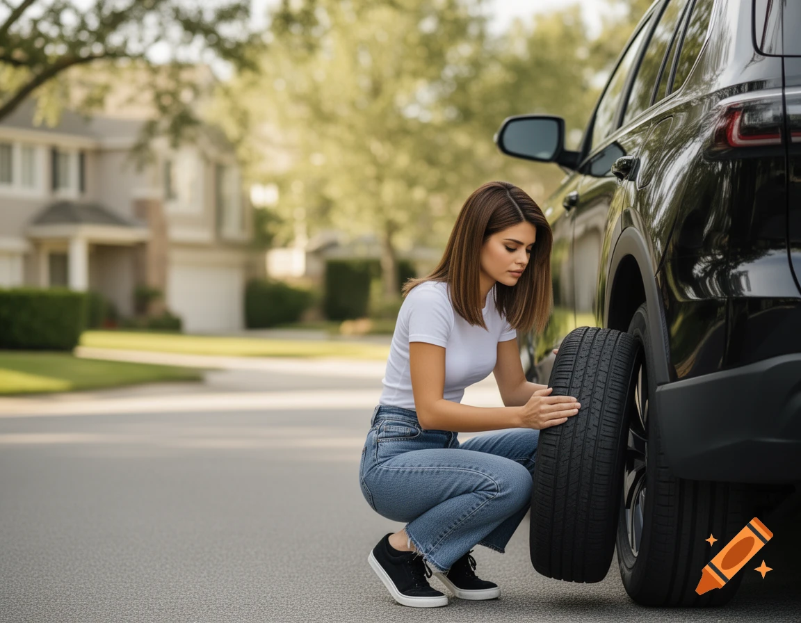 A woman in a white t-shirt and jeans crouches next to a black SUV on a suburban street, holding a tire.