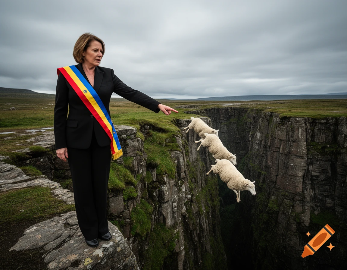 A woman in a suit and a colorful sash stands on a cliff, pointing at three sheep falling into a deep ravine.