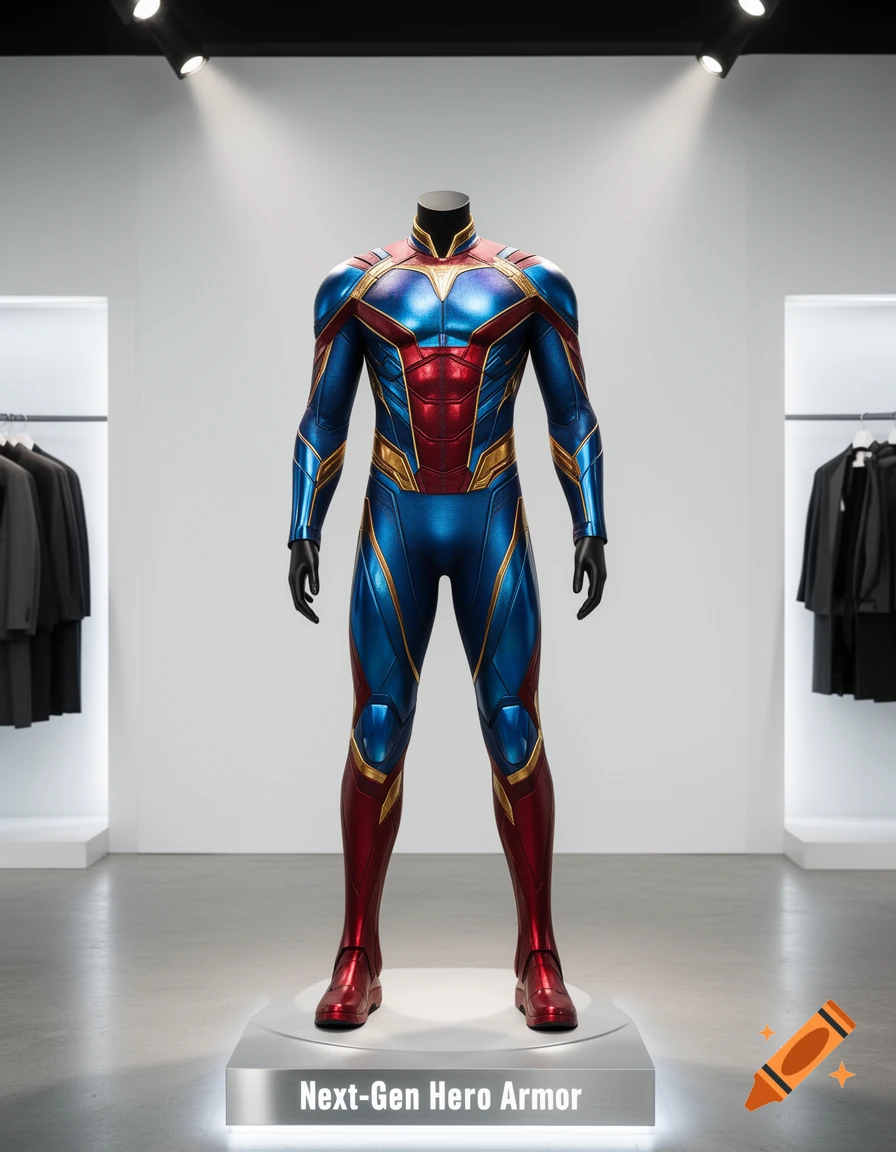 A headless mannequin displays a futuristic blue, red, and gold superhero armor on a pedestal in a minimalist showroom.