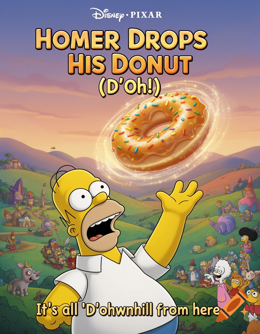 Homer Simpson looks up in shock as a giant, glowing donut floats above a whimsical, colorful landscape with cartoon characters. Disney Pixar movie poster.