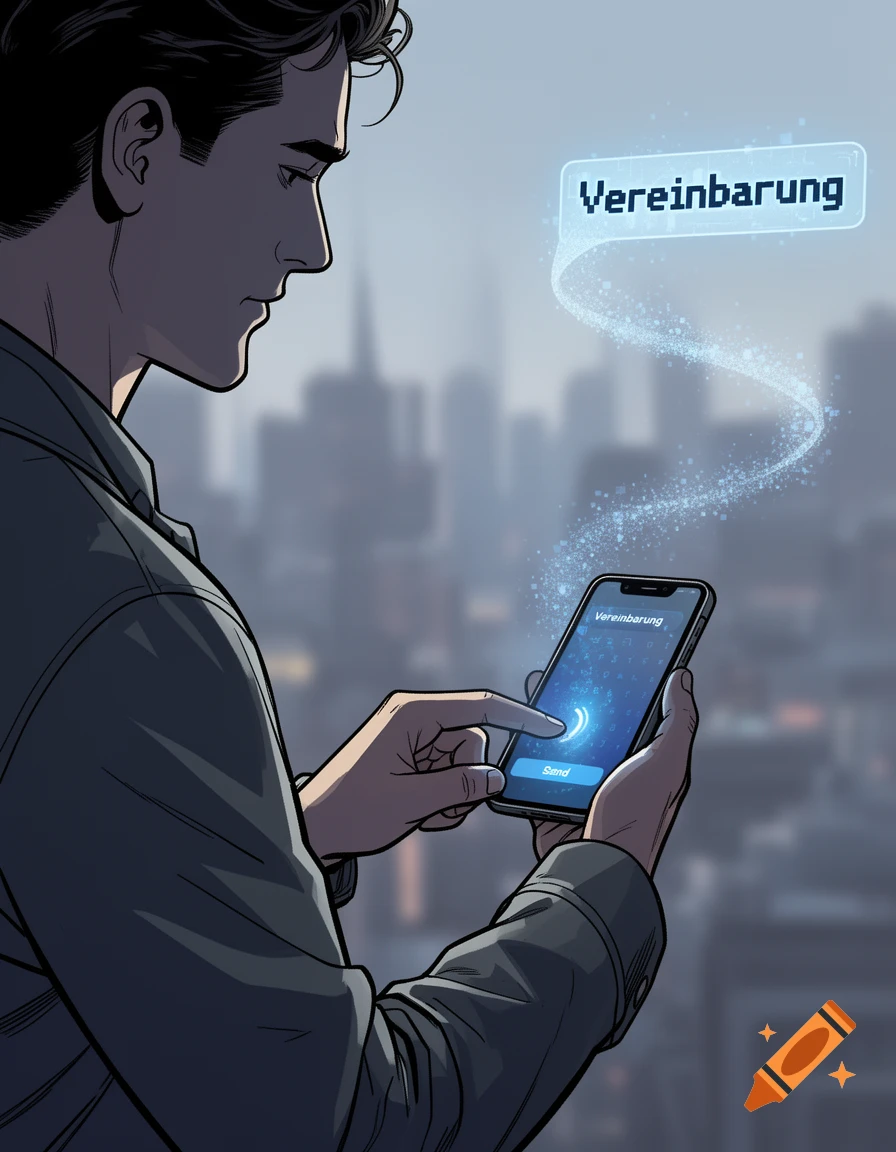 Comic art of a man looking at his smartphone, which displays 'Vereinbarung' and 'Send', with a glowing trail to a speech bubble.