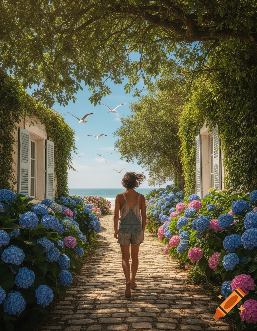 A person walks barefoot on a cobblestone path lined with blue and pink hydrangeas, leading to a beach and ocean under a blue sky.