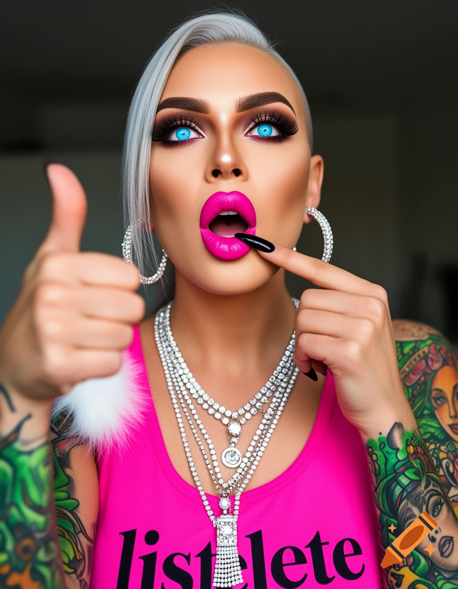Close-up portrait of a person with platinum hair, dramatic makeup, blue eyes, hot-pink lips, layered necklaces, and arm tattoos, giving a thumbs-up.