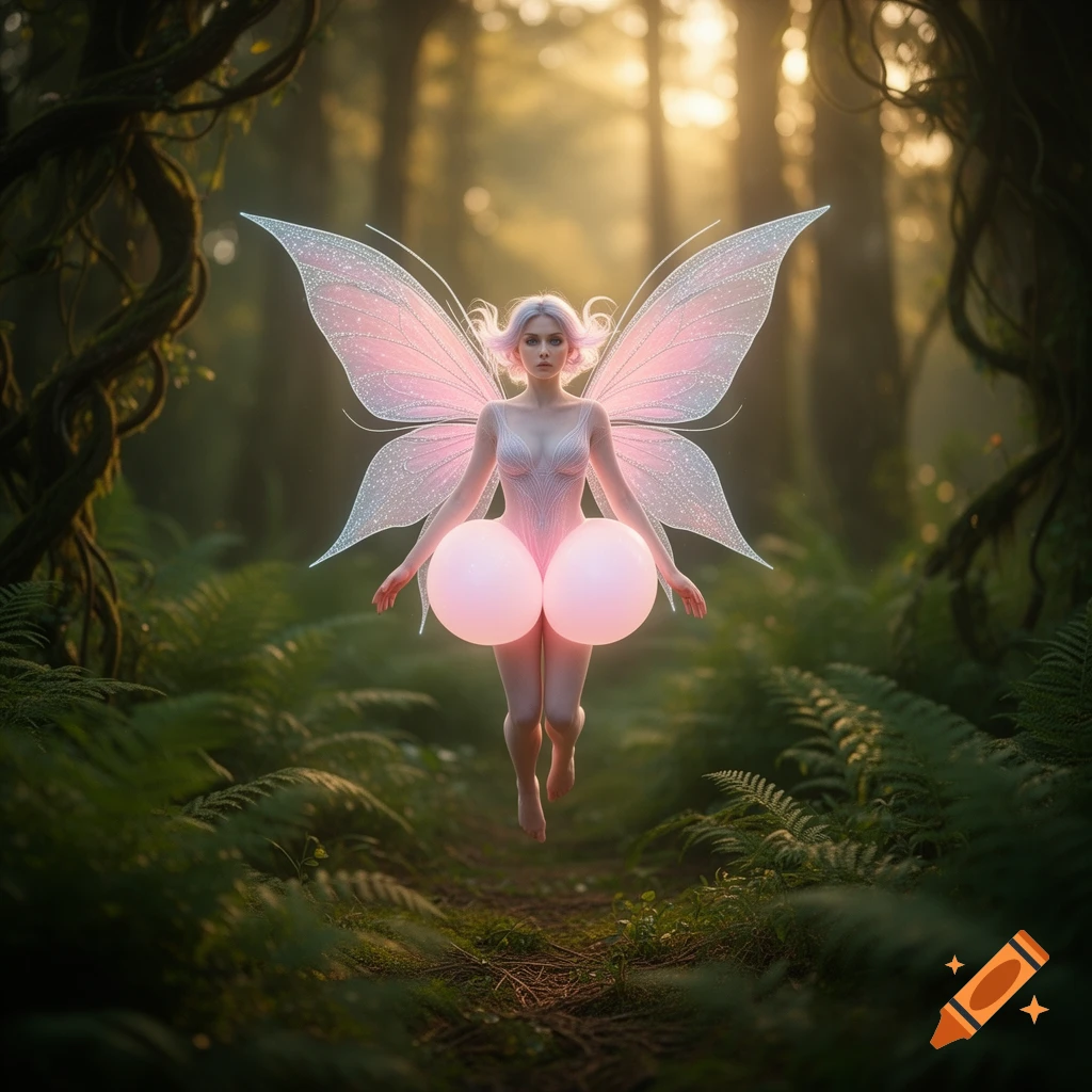 A fairy with large pink spheres where her lower body would be, floats in a magical, sunlit forest. She has sparkling pink wings.