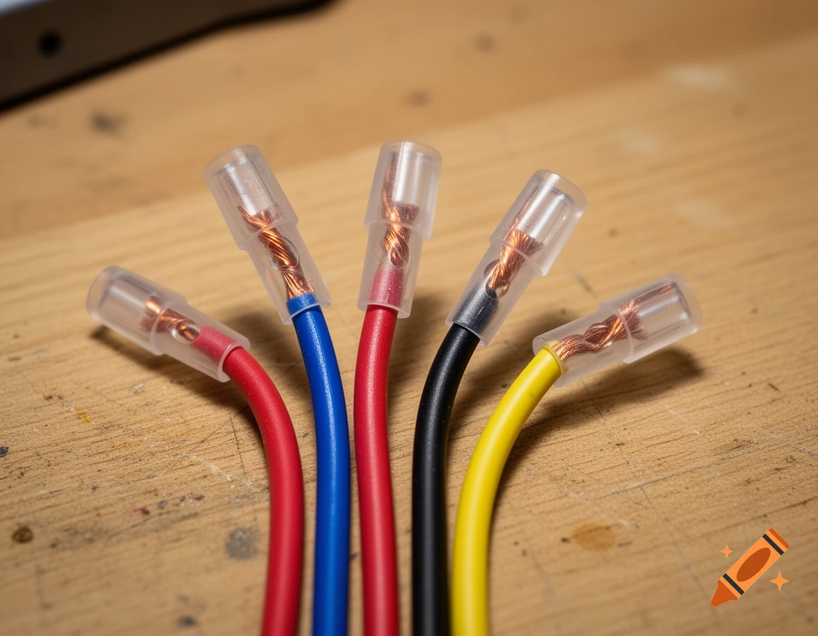 Close-up of five colorful electrical wires with clear plastic crimp connectors on a wooden surface.
