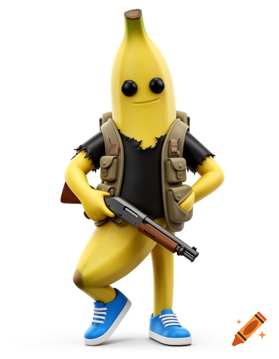 A stylized 3D render of a banana character, wearing a torn black shirt, tactical vest, and blue sneakers, holding a shotgun and standing with hands on hips on a white background.