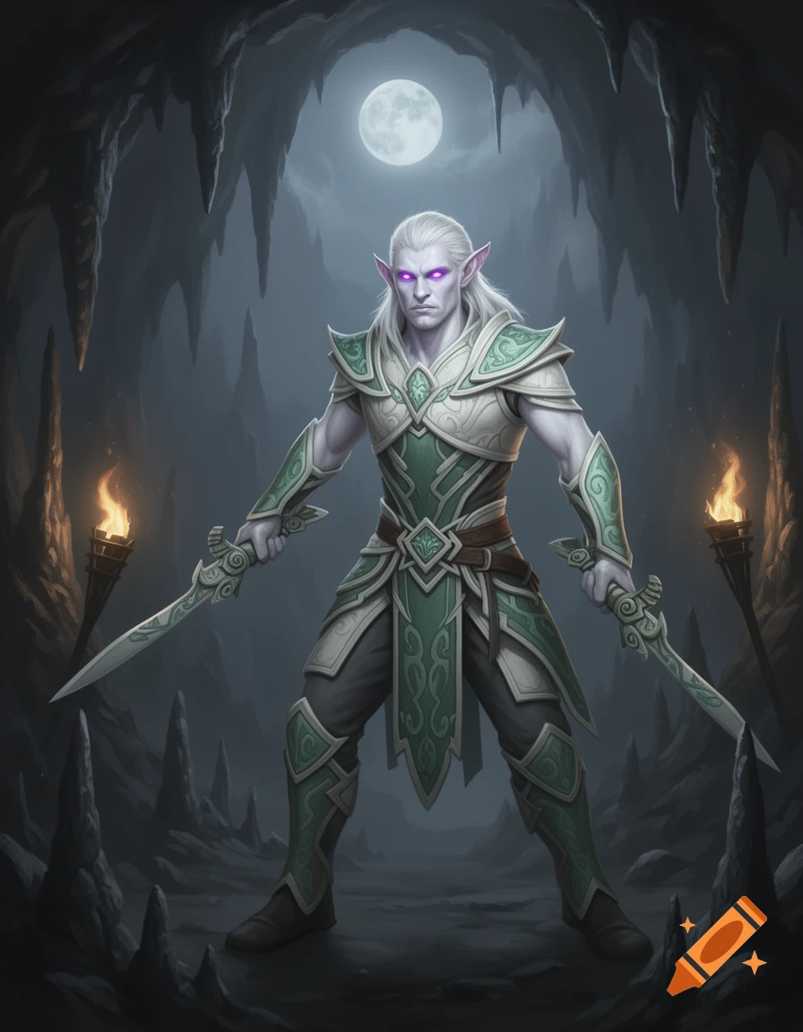 A white-haired fantasy elf with glowing lavender eyes in green and ivory armor holds two ornate daggers in a moonlit cave.