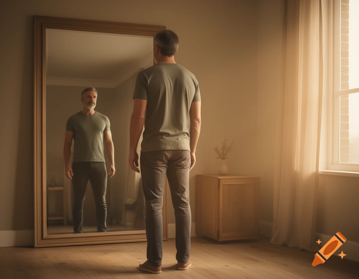 A man from behind faces a large mirror in a warm room, his reflection showing him with a thoughtful expression as sunlight enters from a window.