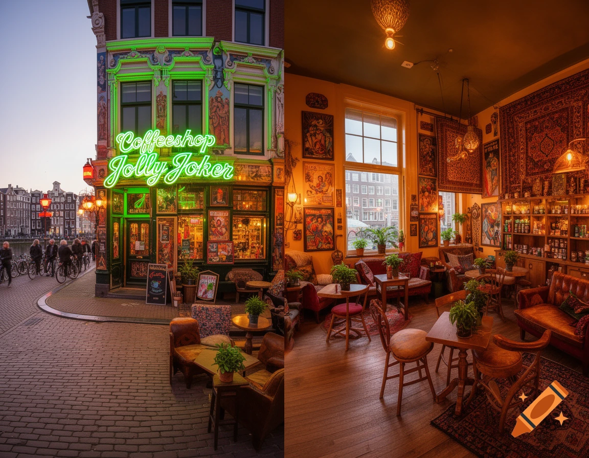 A diptych showing the exterior of the Coffeeshop Jolly Joker with green neon lights on a street with canals, and its cozy, richly decorated interior.