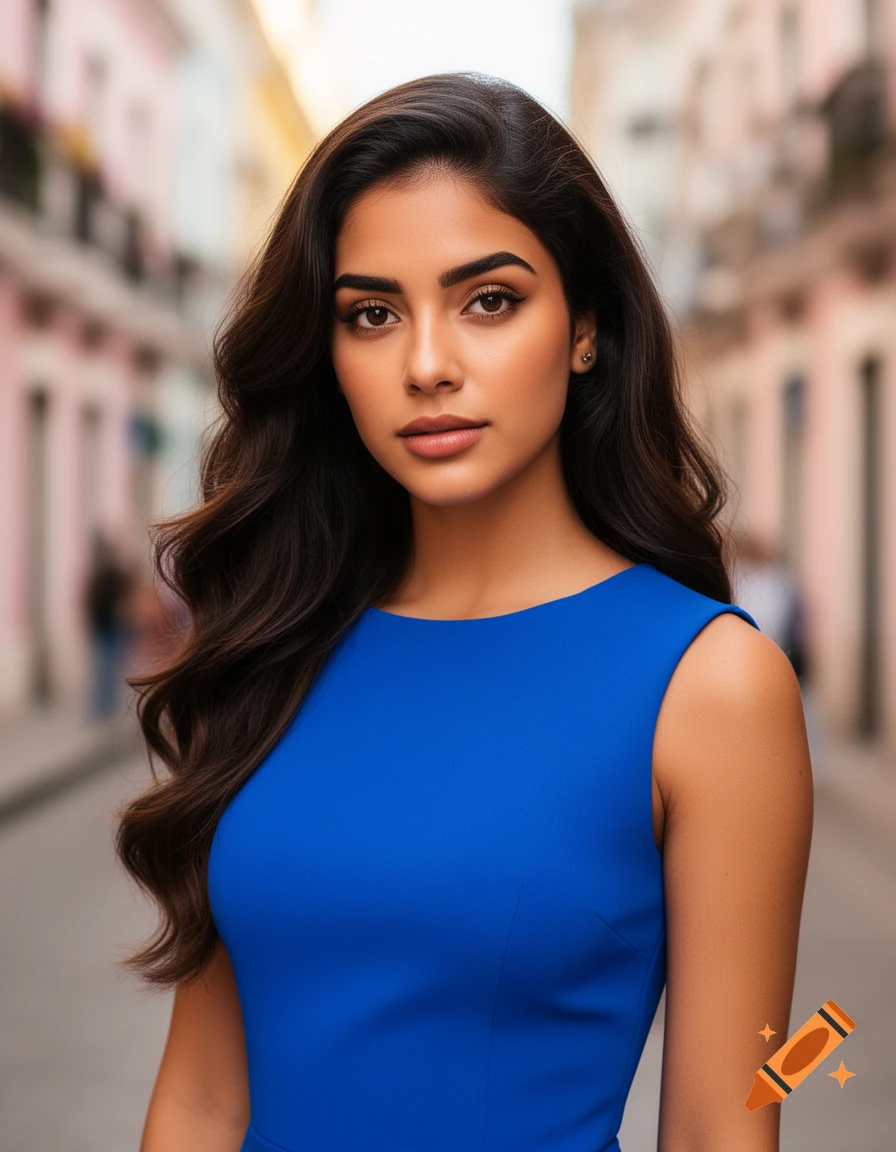 A realistic portrait of a young woman with long dark hair, wearing a blue dress, looking forward with a blurred street background.