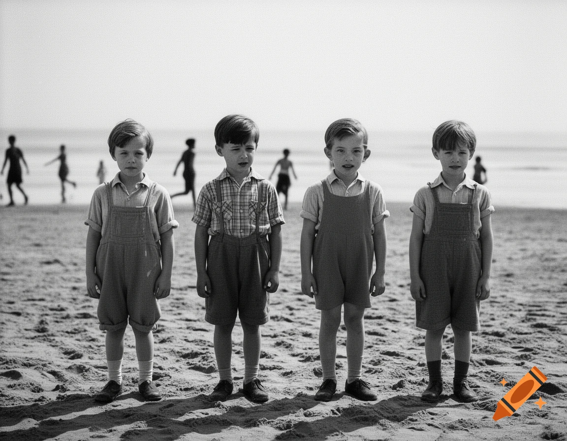 Four young boys stand side-by-side on a sandy beach in a black and white vintage photograph, with blurry figures playing in the background.