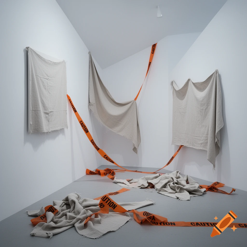 Art installation with draped fabric and orange 'CAUTION' tape in a white gallery room.
