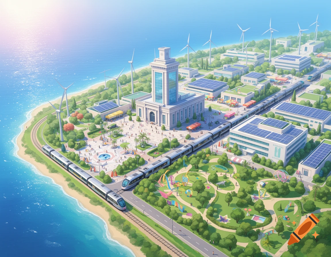 Aerial view of a utopian, sustainable city with a large central building, trains, wind turbines, solar panels, and parks by the ocean.