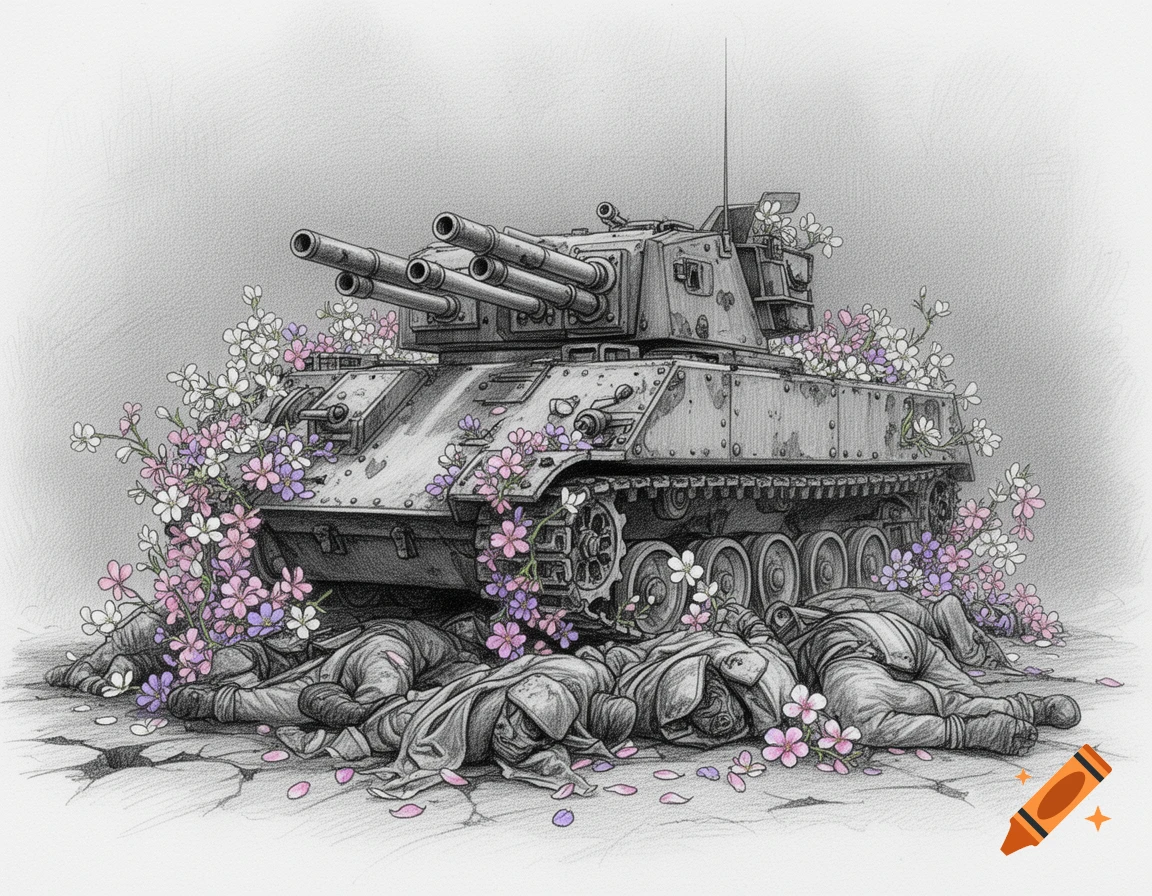 Pencil drawing of an M50 Ontos tank surrounded by dead crew and blooming pink and white flowers on cracked ground.