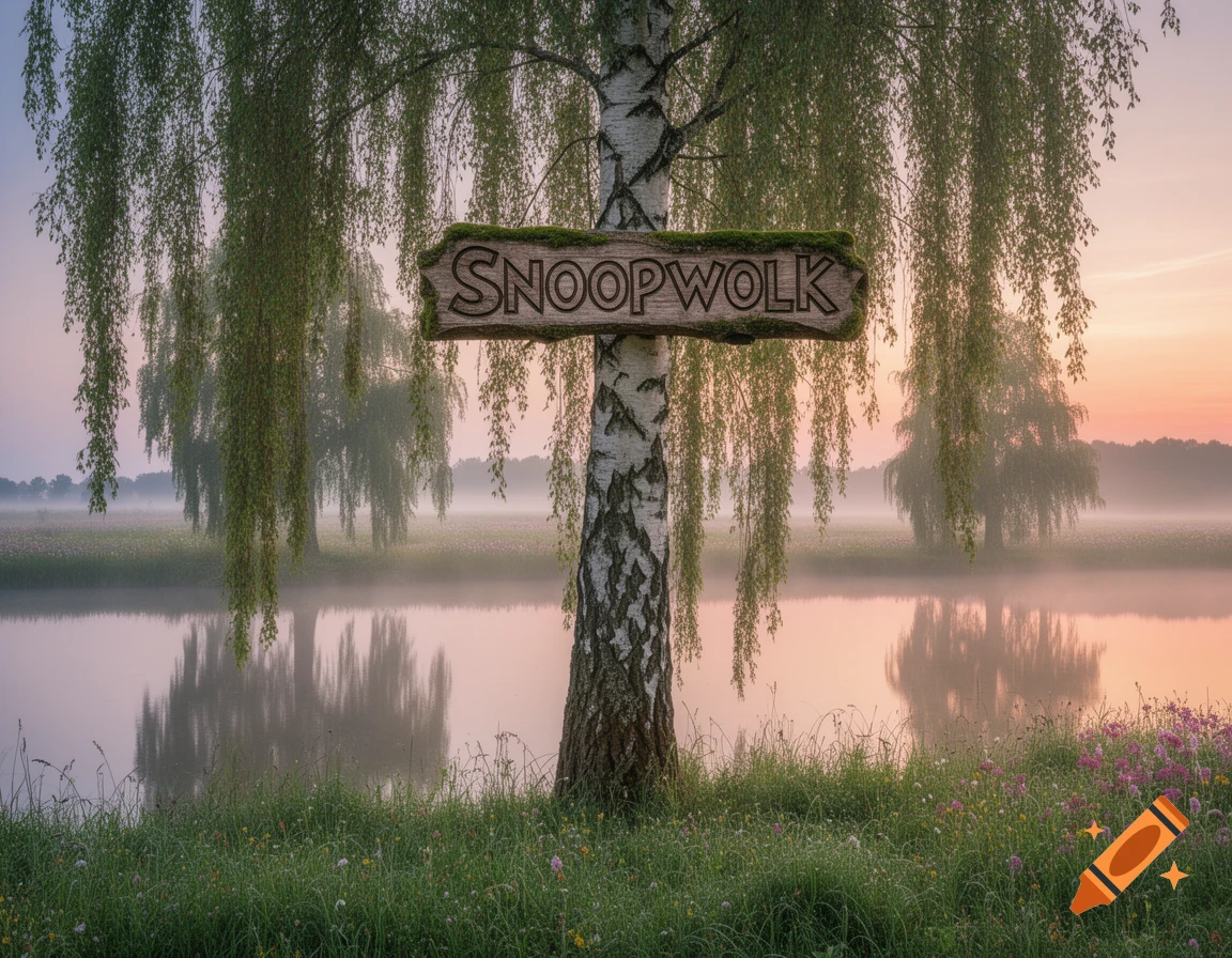 A tall birch tree with a 'SNOOPWOLK' sign stands by a misty lake reflecting the sunrise, surrounded by grass and wildflowers.
