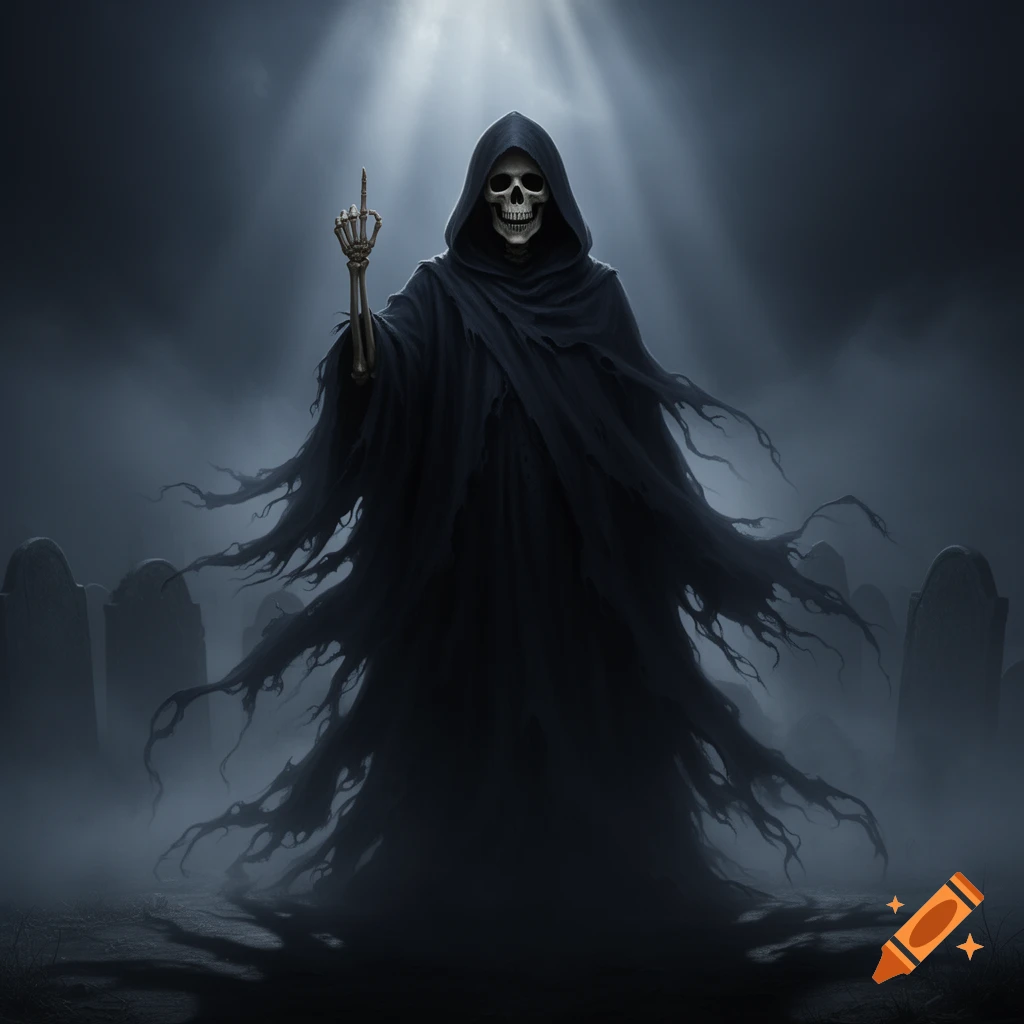 A dark, hooded Grim Reaper with a skull face stands in a misty graveyard, raising a skeletal middle finger.