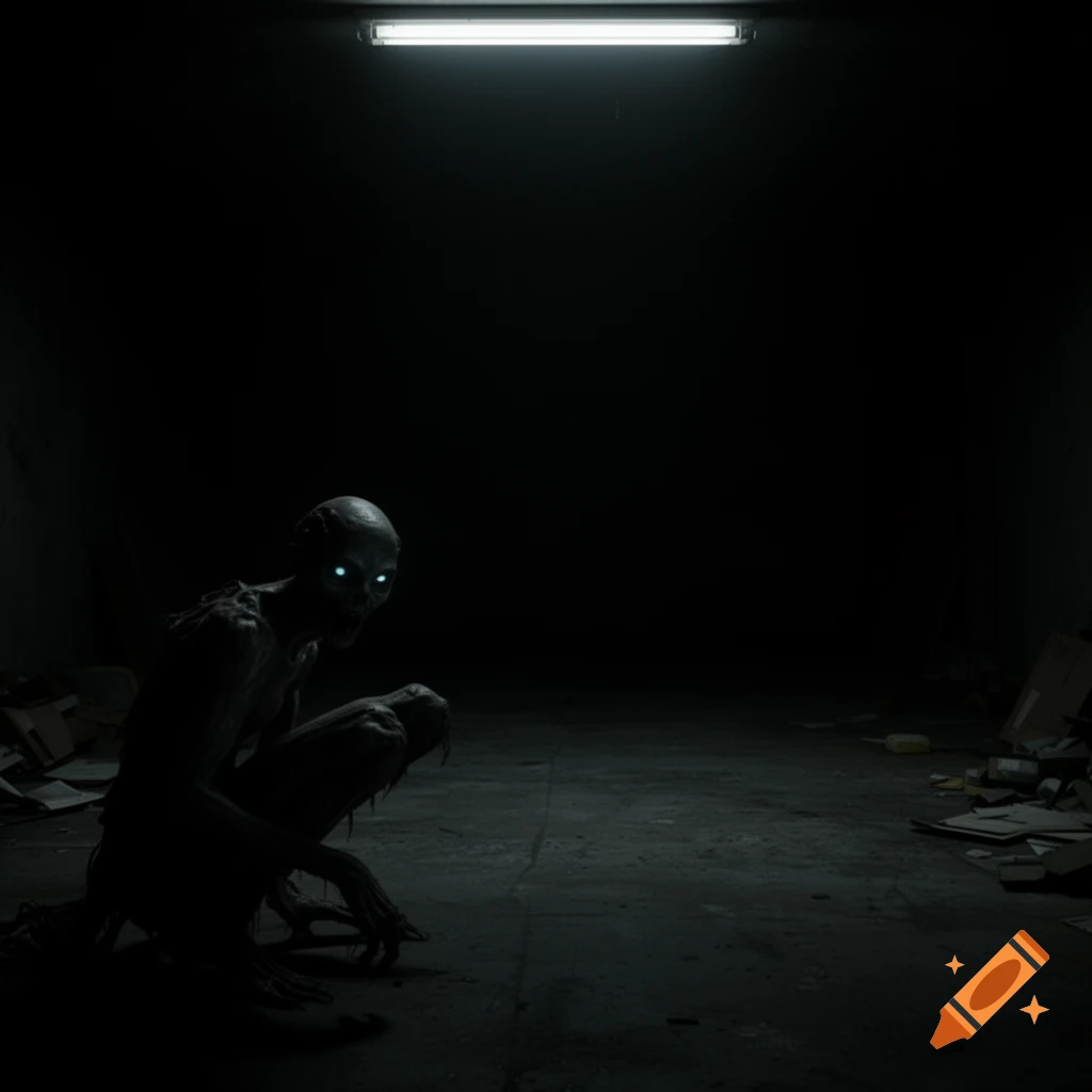 A pale, gaunt, humanoid creature with bright blue glowing eyes crouches in a dark, dingy room lit by a single fluorescent bulb.
