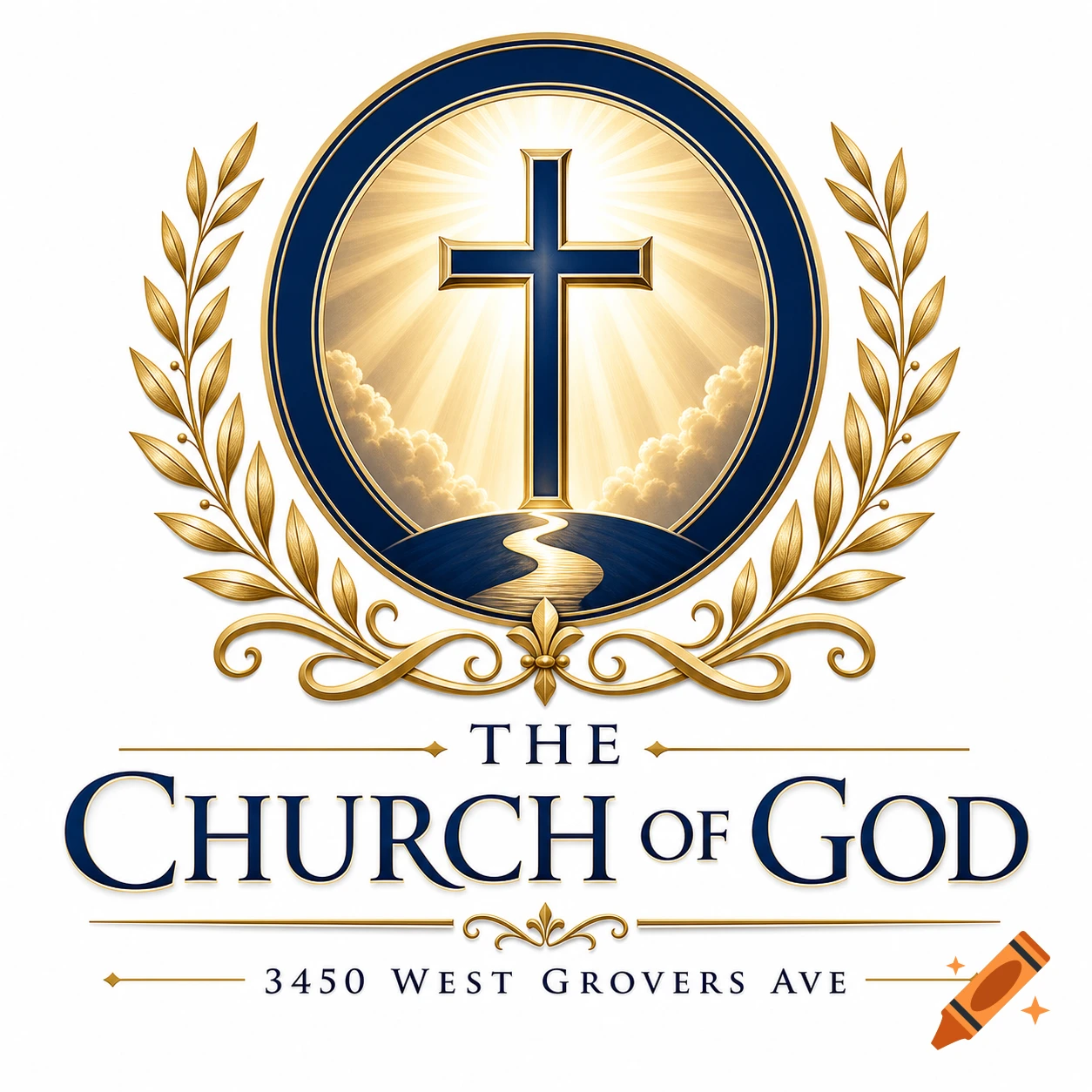 Elegant blue and gold logo for The Church of God, featuring a radiant cross, a winding path, and laurel wreaths.