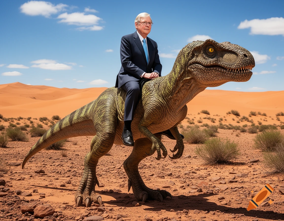Photorealistic image of Mitch McConnell riding a dinosaur through a desert landscape.