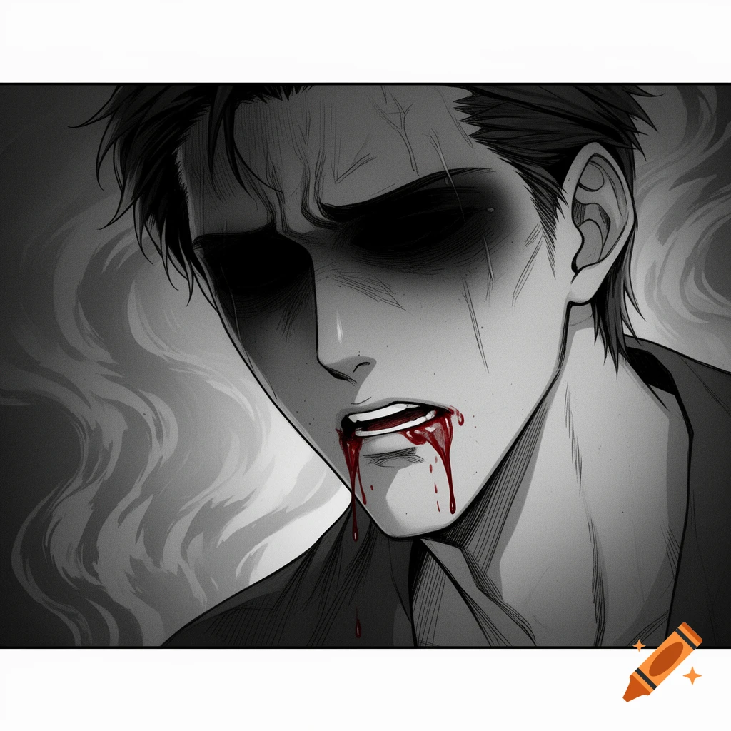 A distressed manga man in black and white, with blood dripping from his mouth and his eyes obscured by shadow.