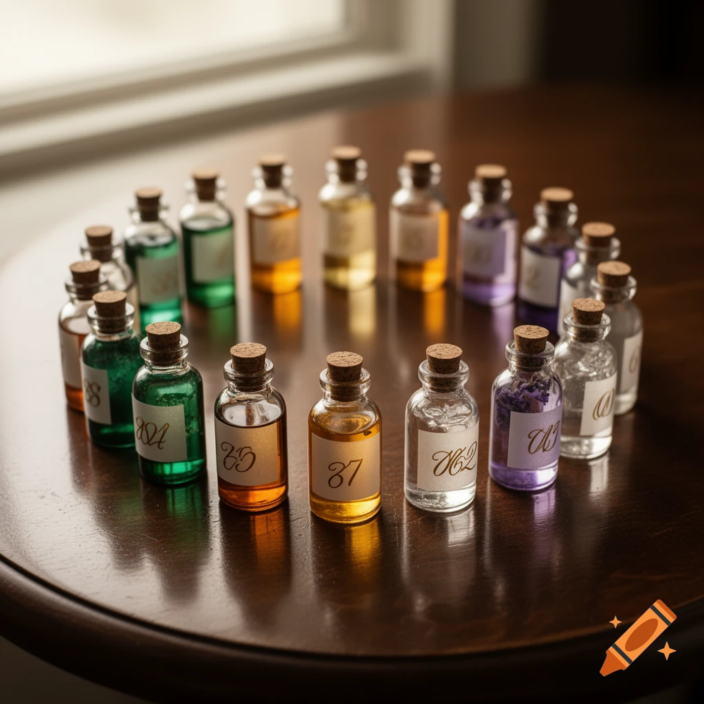Small glass bottles with colorful liquids and cork stoppers arranged in a circle on a wooden table.