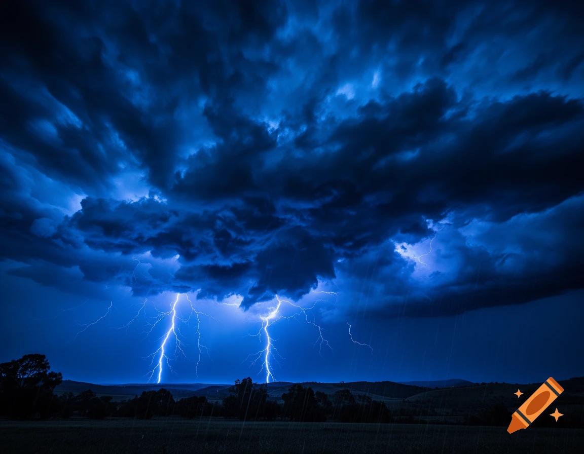 Photorealistic image of a powerful thunderstorm at night, with multiple lightning strikes illuminating dark blue clouds over a landscape.