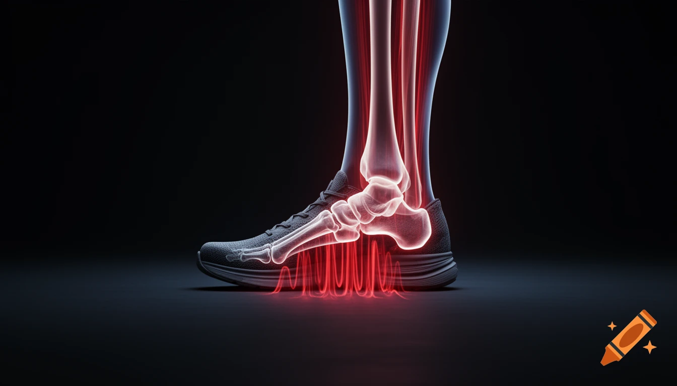 3D anatomical view of glowing red bones of a foot and lower leg inside a running shoe on a dark background, depicting pain.