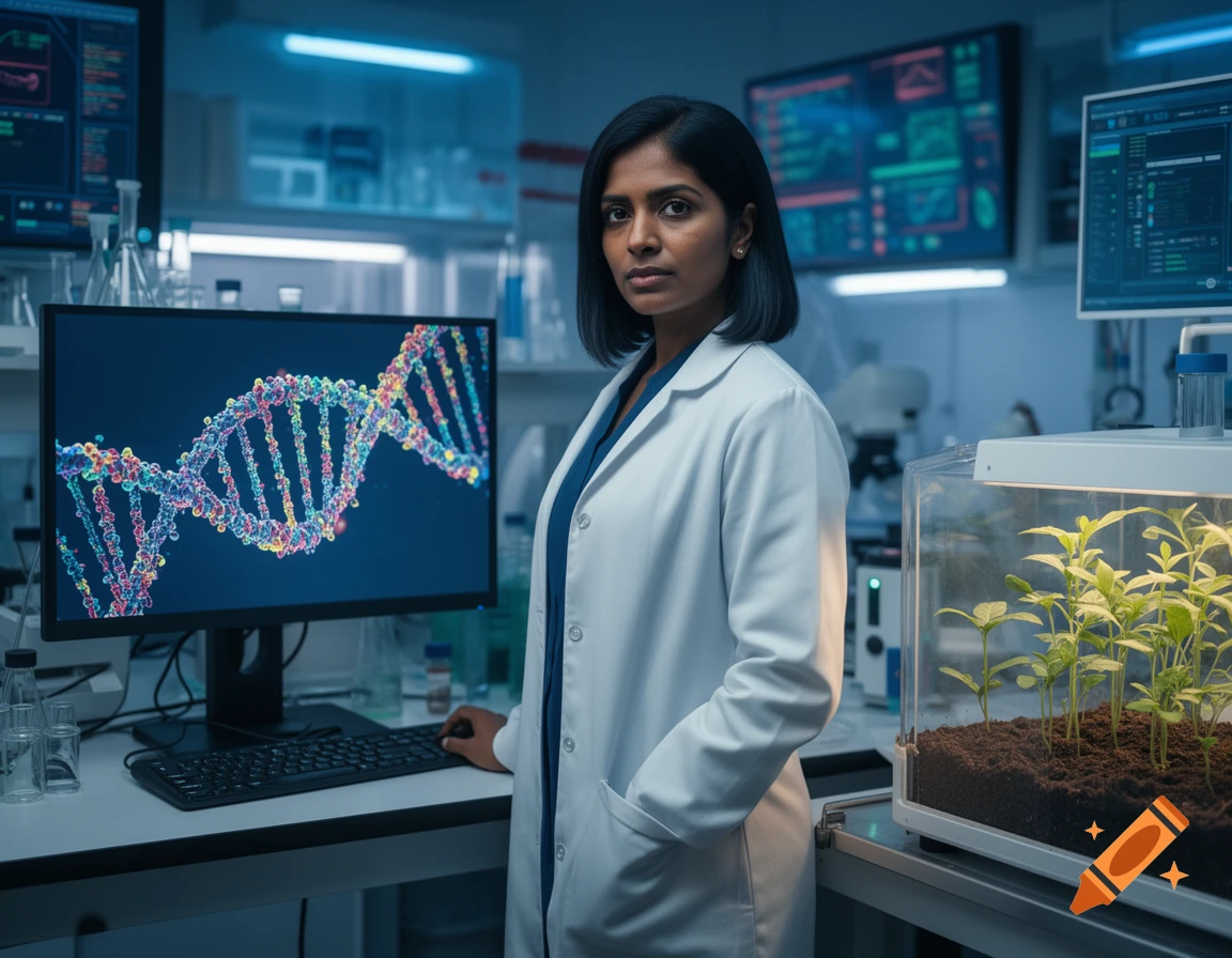 A female scientist in a lab coat stands in a high-tech laboratory, with a DNA strand on a monitor and plants in a growth chamber.
