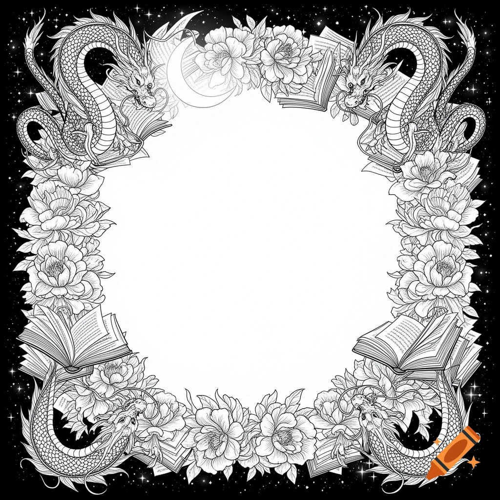A black and white line art frame with dragons, flowers, books, stars, and a crescent moon, surrounding a blank white space.