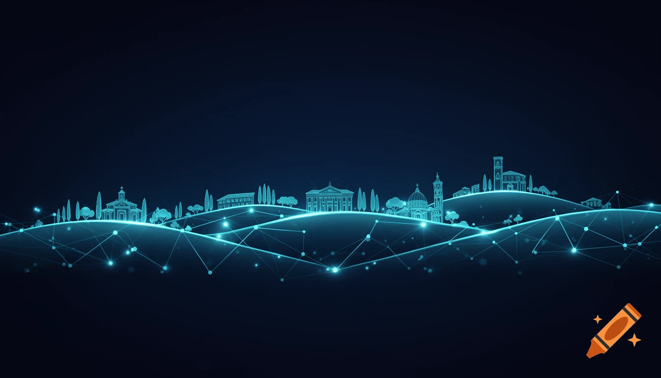 Stylized blue silhouettes of Italian Tuscan landmarks and hills connected by a glowing digital network on a dark background.
