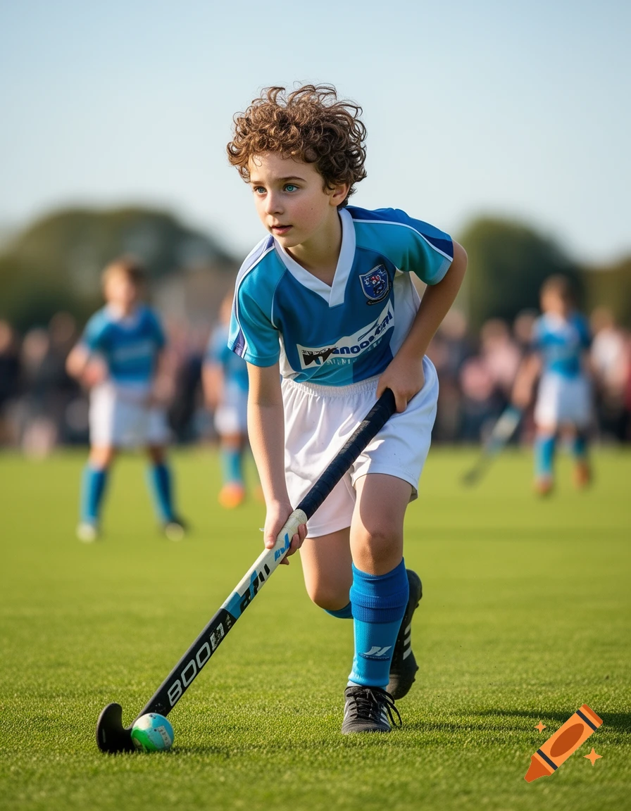 A young boy with curly hair in a blue and white uniform plays field hockey on a green field, focused on the ball.