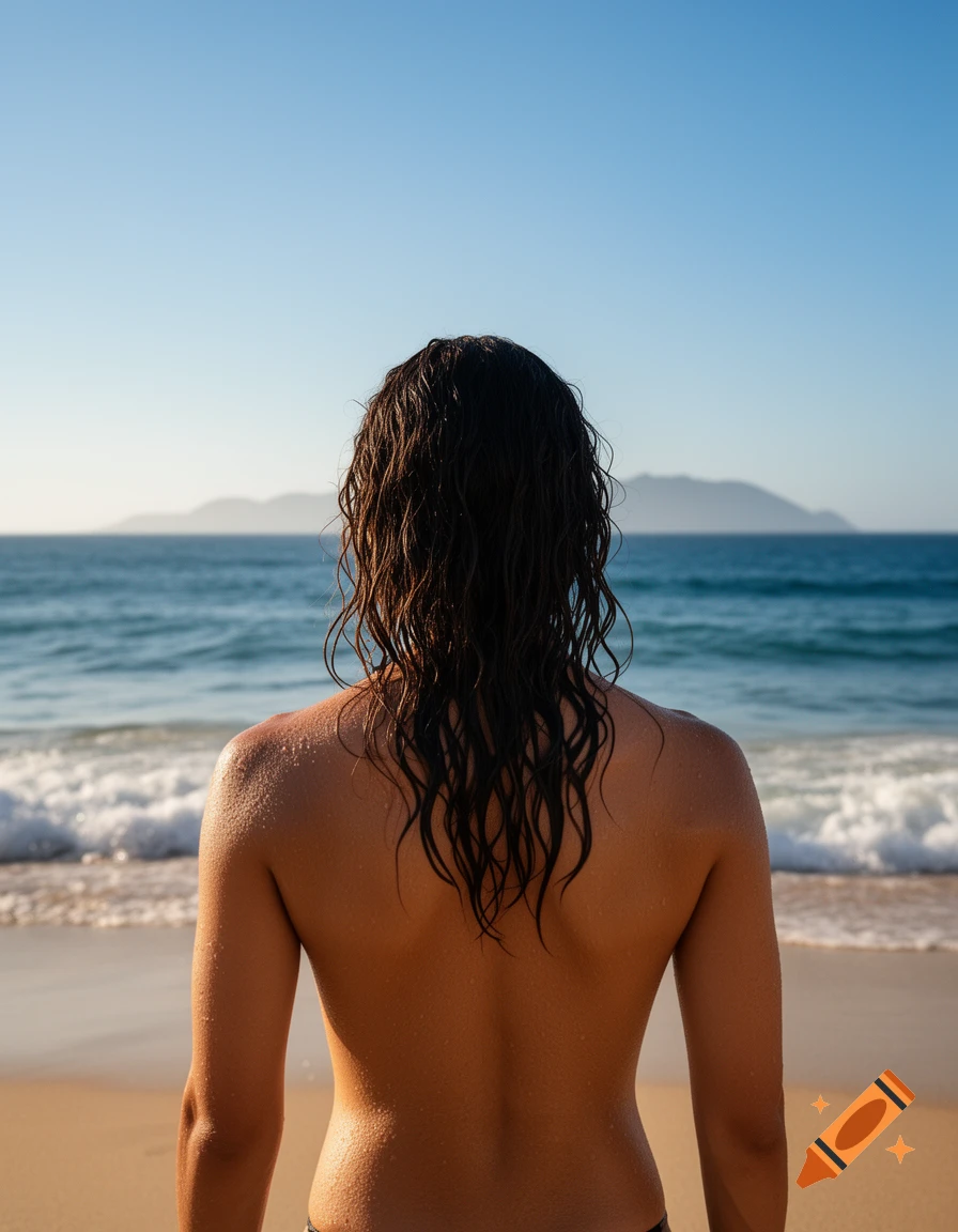 A person with wet, dark hair stands on a sandy beach, back to camera, facing the blue ocean and distant island.