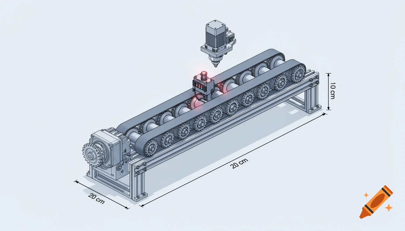 Isometric technical illustration of a conveyor belt system with motor, gears, sensor, and milling head, showing dimensions.