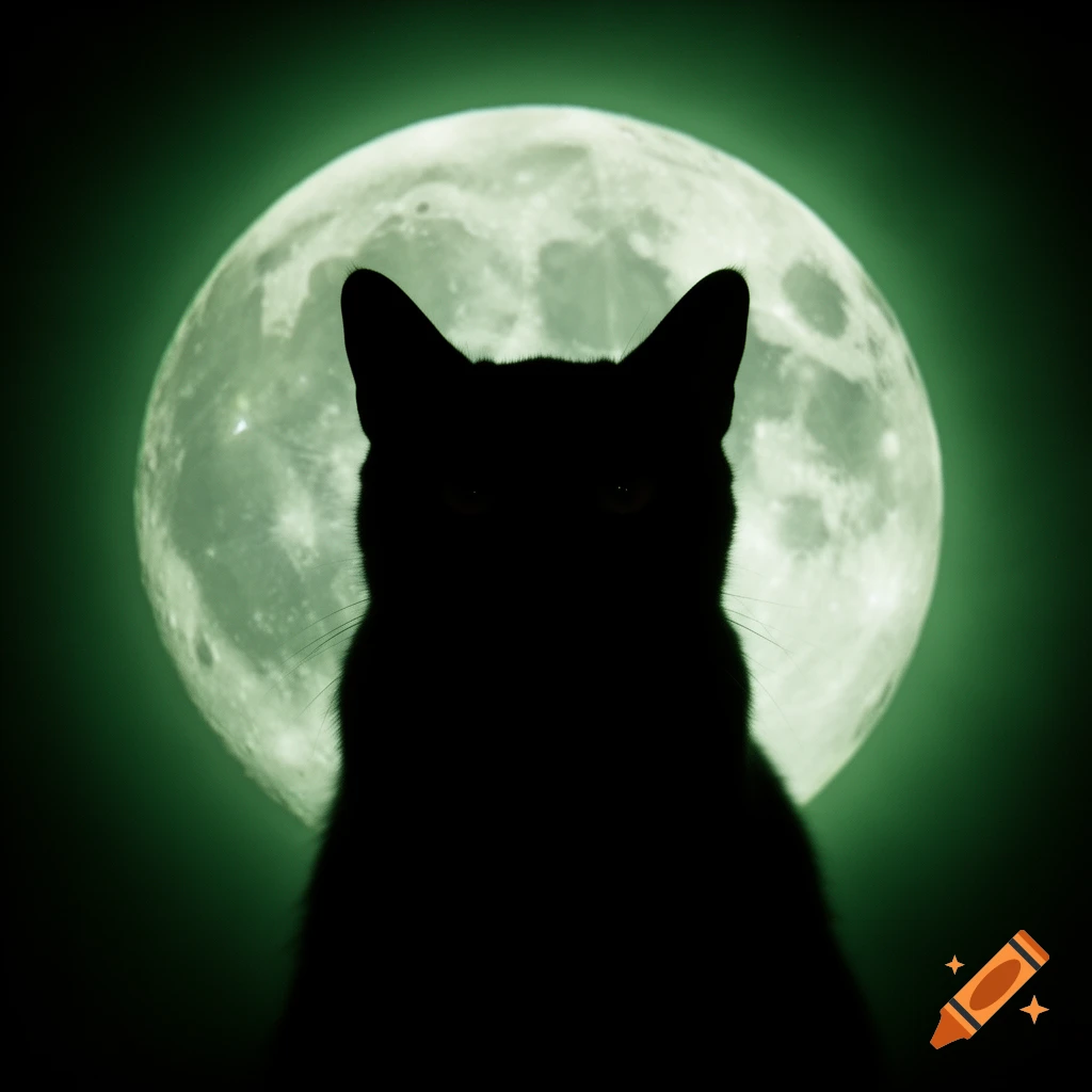 A black cat silhouette is centered against a large, glowing green full moon, with a dark green background.
