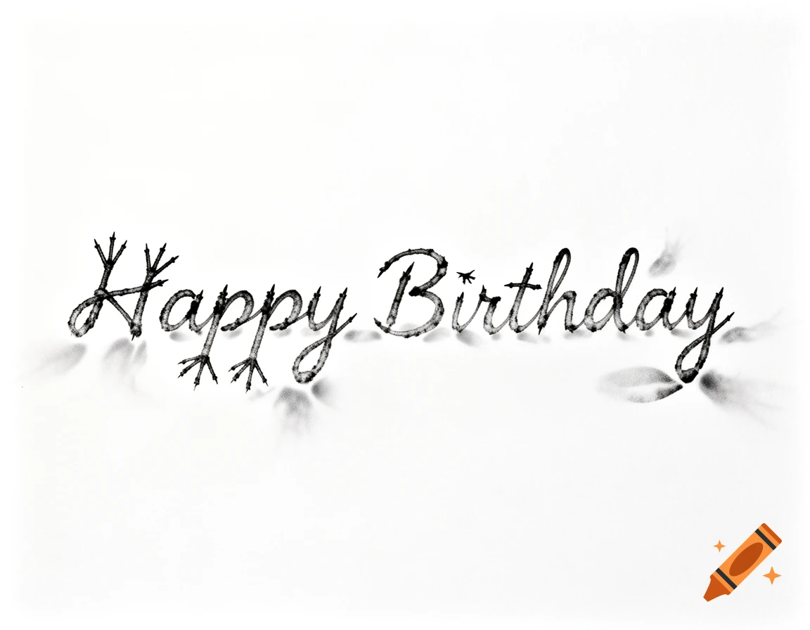 The words "Happy Birthday" spelled out in black bird footprints with soft shadows on a white background.