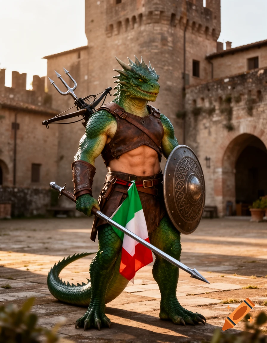 A muscular, green-scaled half-dragon, half-human warrior in leather armor holds an Italian flag and shield in front of a stone castle.