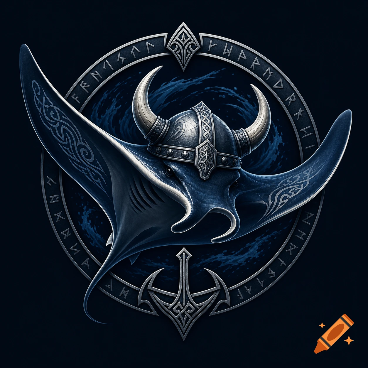 A stylized logo of a dark blue manta ray wearing a silver viking helmet, surrounded by decorative runic symbols.