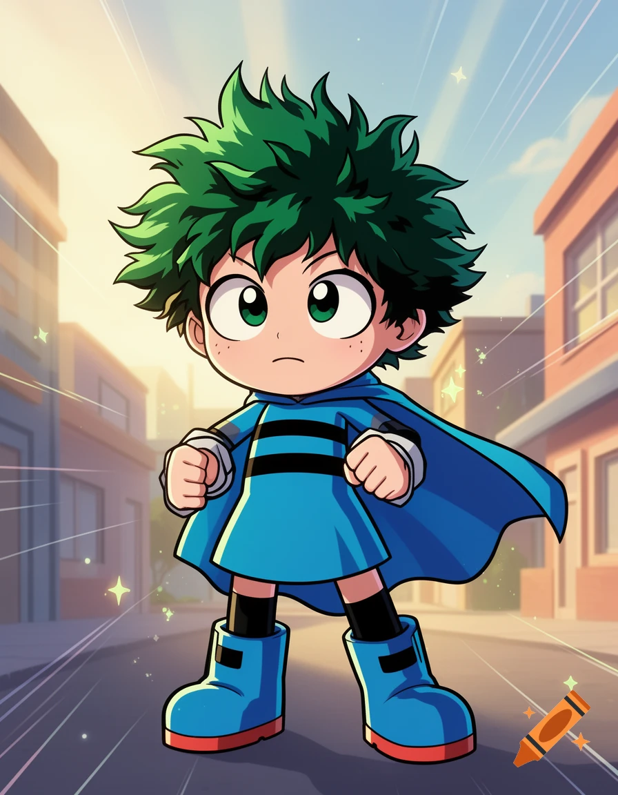 Chibi Izuku Midoriya in a blue Powerpuff Girls dress, cape, and boots stands in a cartoon city street.