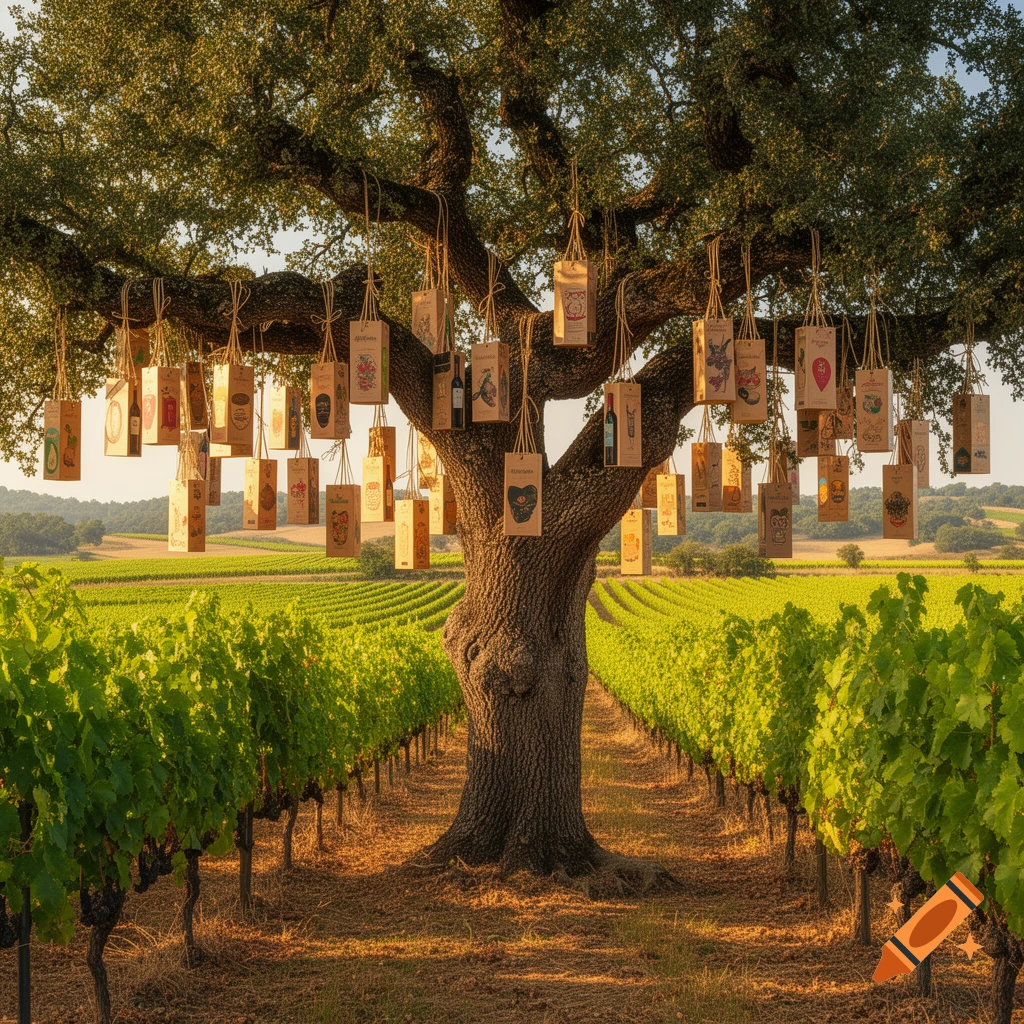 A large tree laden with small brown bags hangs over rows of green grapevines in a sunny vineyard.