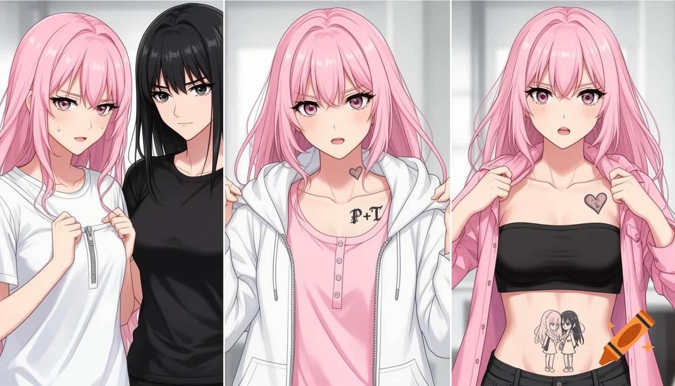 Four anime panels showing a pink-haired girl revealing a chest tattoo 'P+T' and a stomach tattoo of two girls, observed by a black-haired girl.