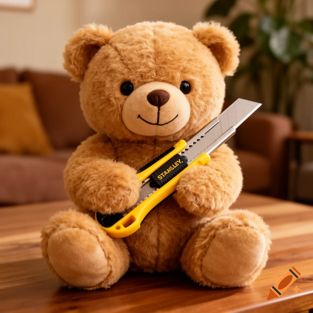 A fluffy brown teddy bear sits on a wooden table, holding a yellow and silver utility knife.