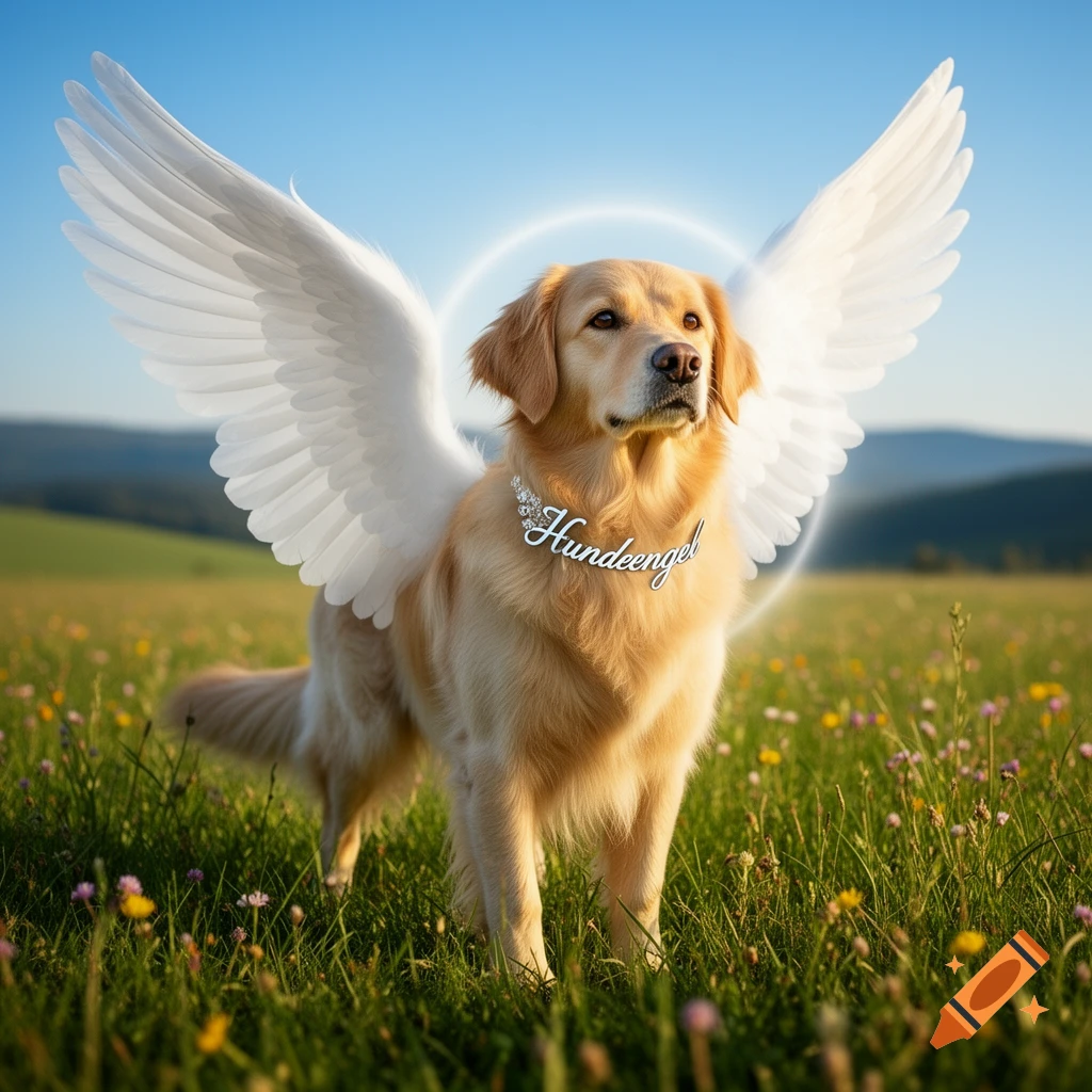 A golden retriever with white angel wings, a halo, and a "Hundeengel" necklace stands in a sunny, wildflower-filled meadow.